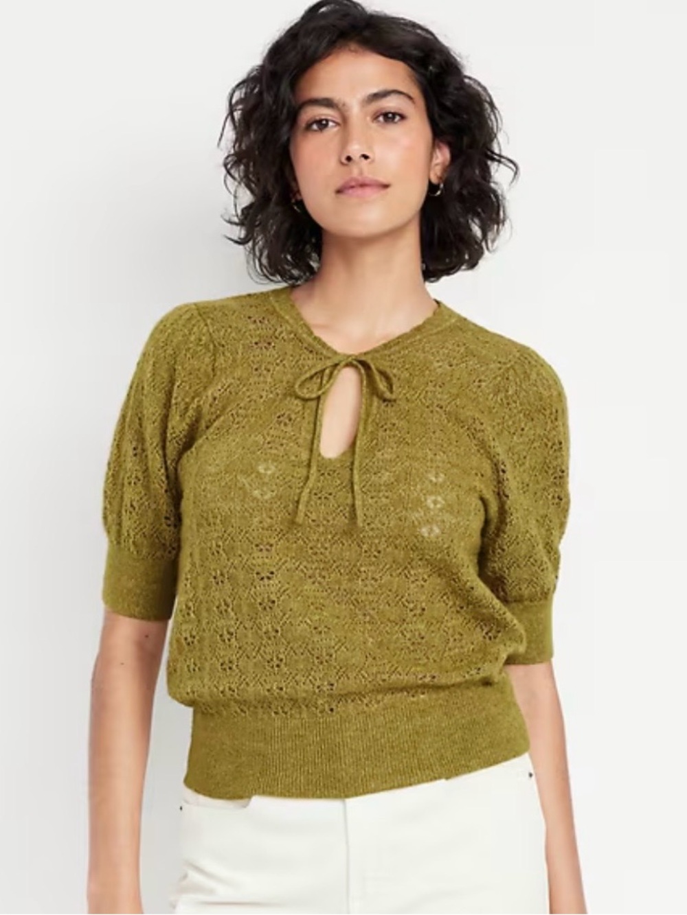 NWOT OLD NAVY Olive Green Pointelle Yarn Short Sleeve Sweater